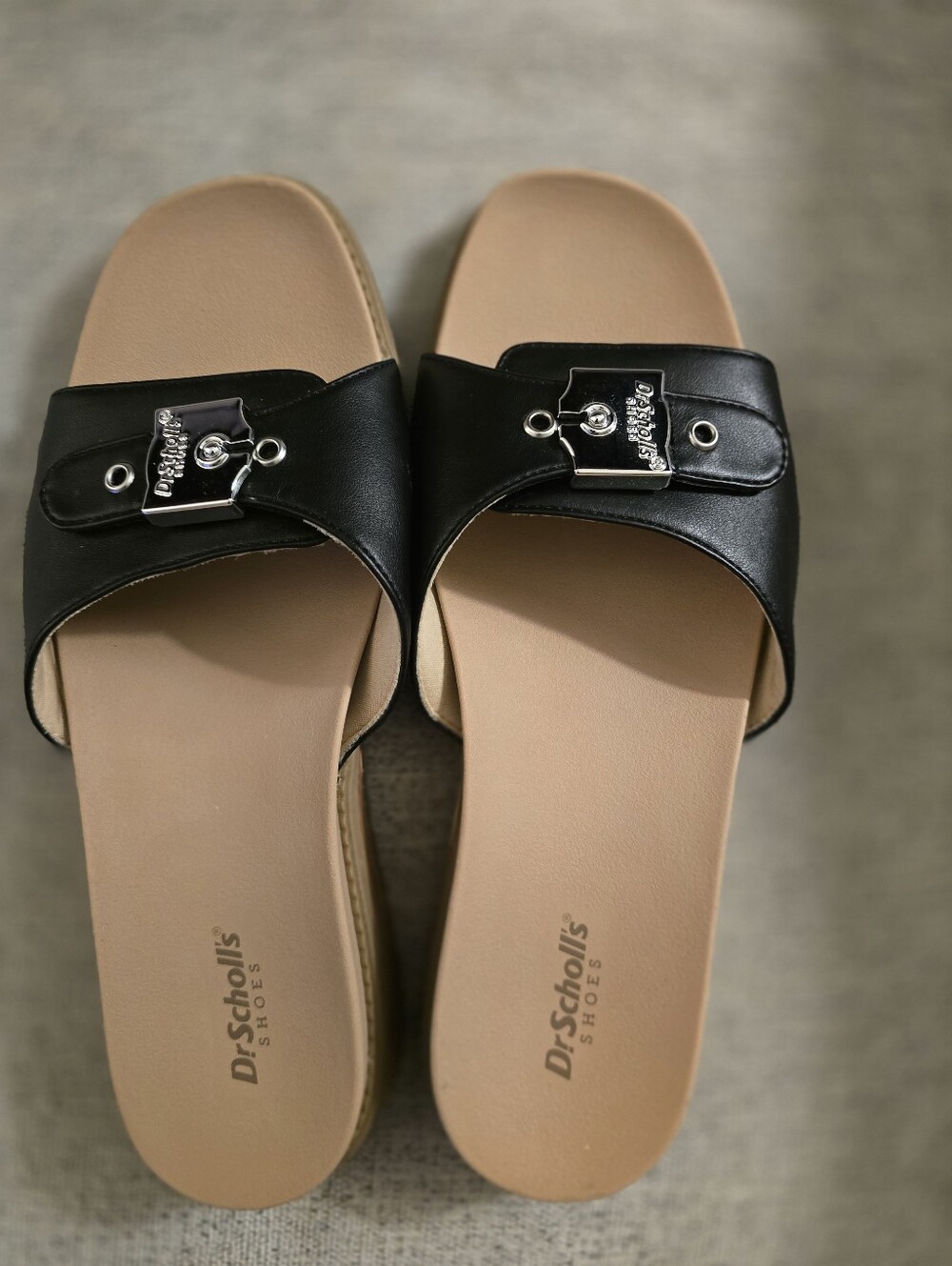 Dr. Scholl's Black Slide Sandals with Tan Footbed and Silver Buckle